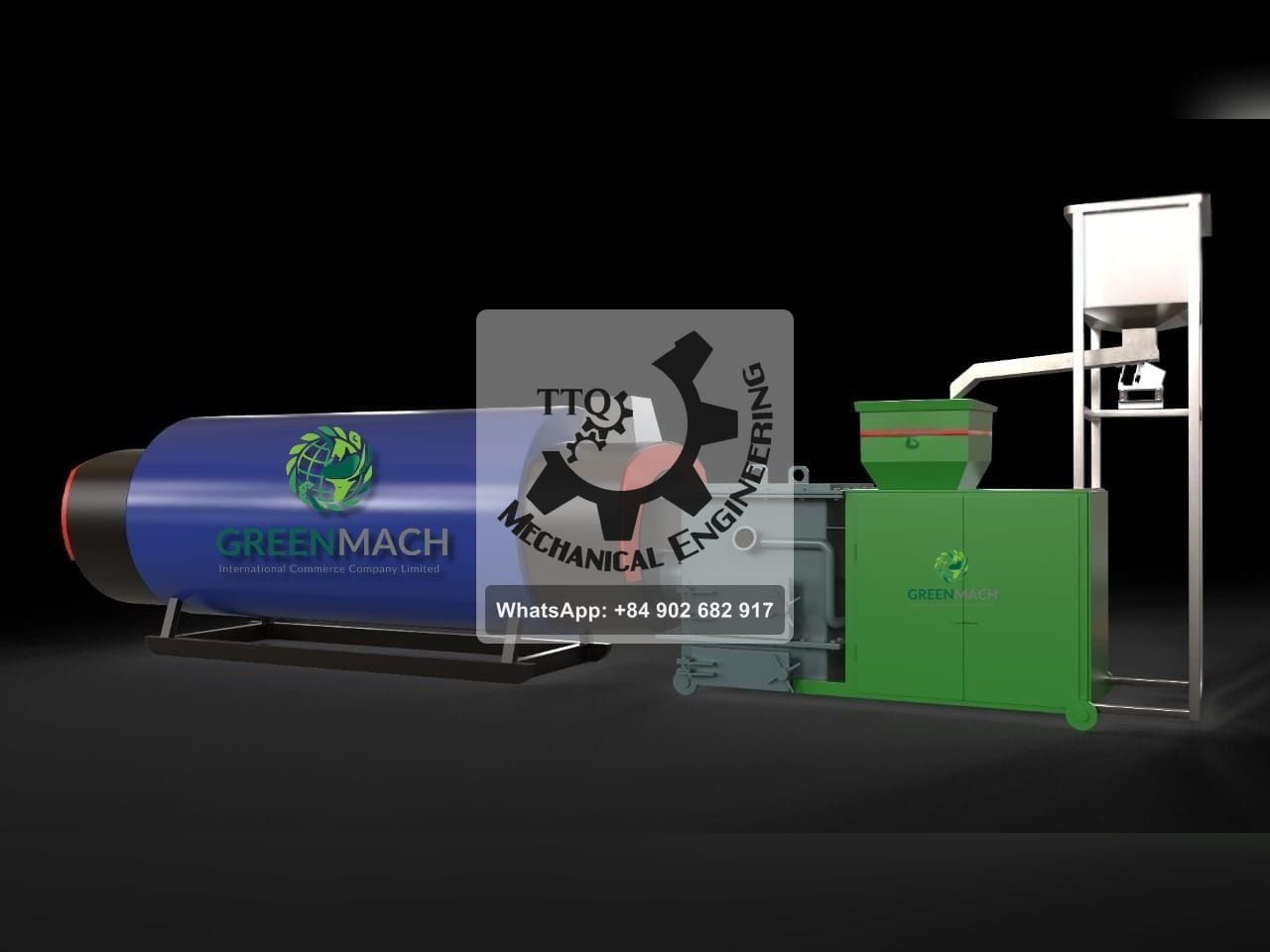 Arrangement drawing of a biomass burner feeding a steam boiler, with hopper and screw feed