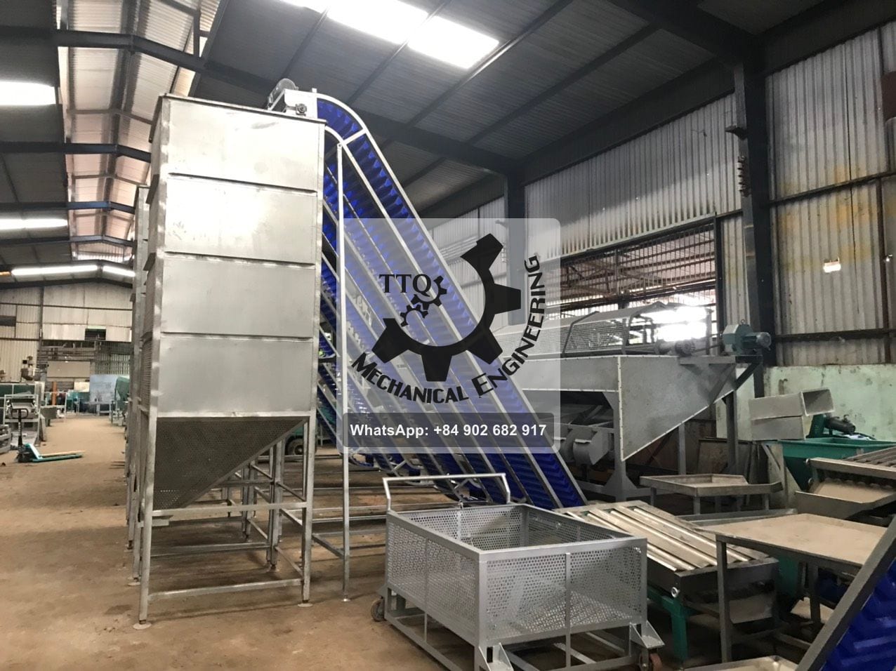 Bucket conveyor lifting raw cashew nuts from the feed tank to the grading drum