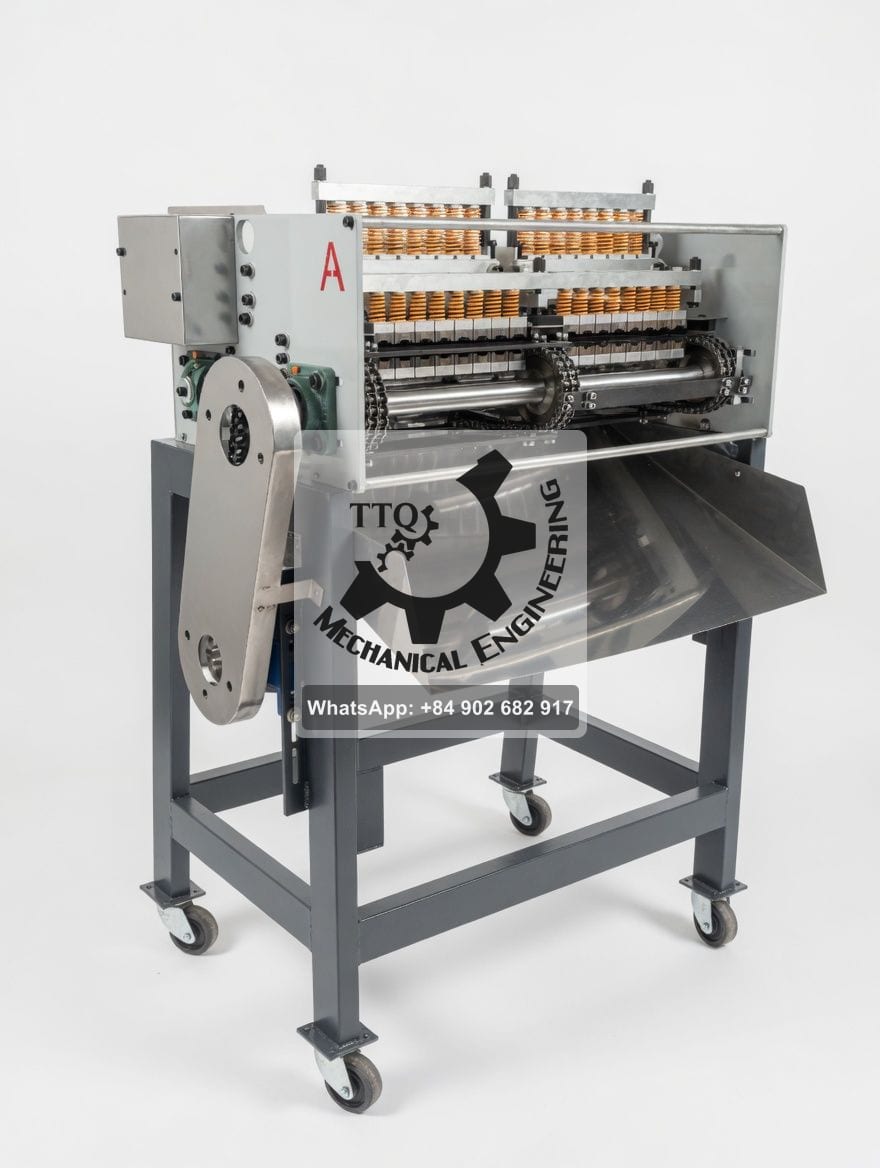 TTQ 16 Head cashew cutting machine on its wheeled stand, cutting stations in two banks