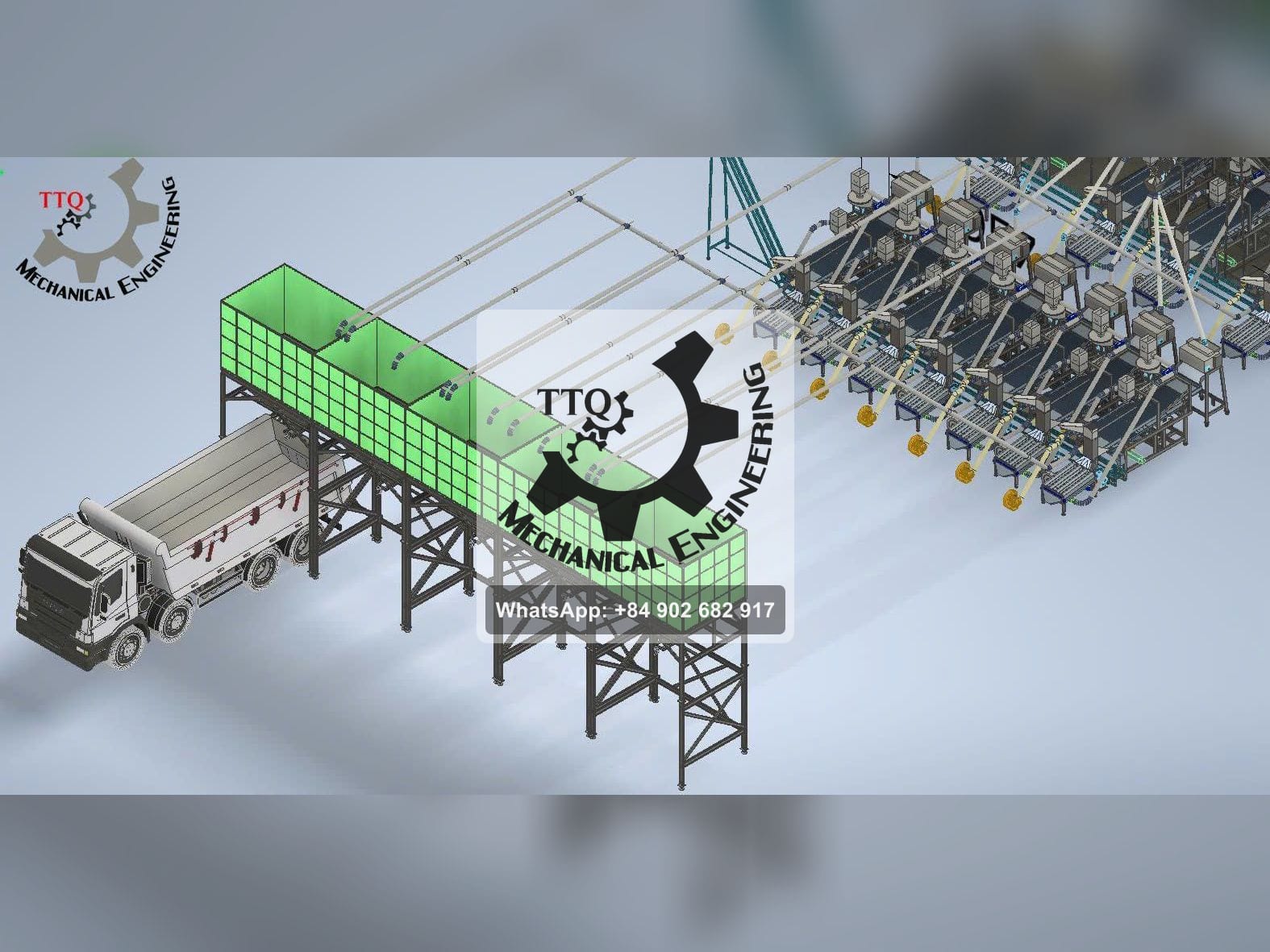 TTQ layout drawing of shell handling — pneumatic lines from the cutting line into elevated bins discharging to a tipper truck